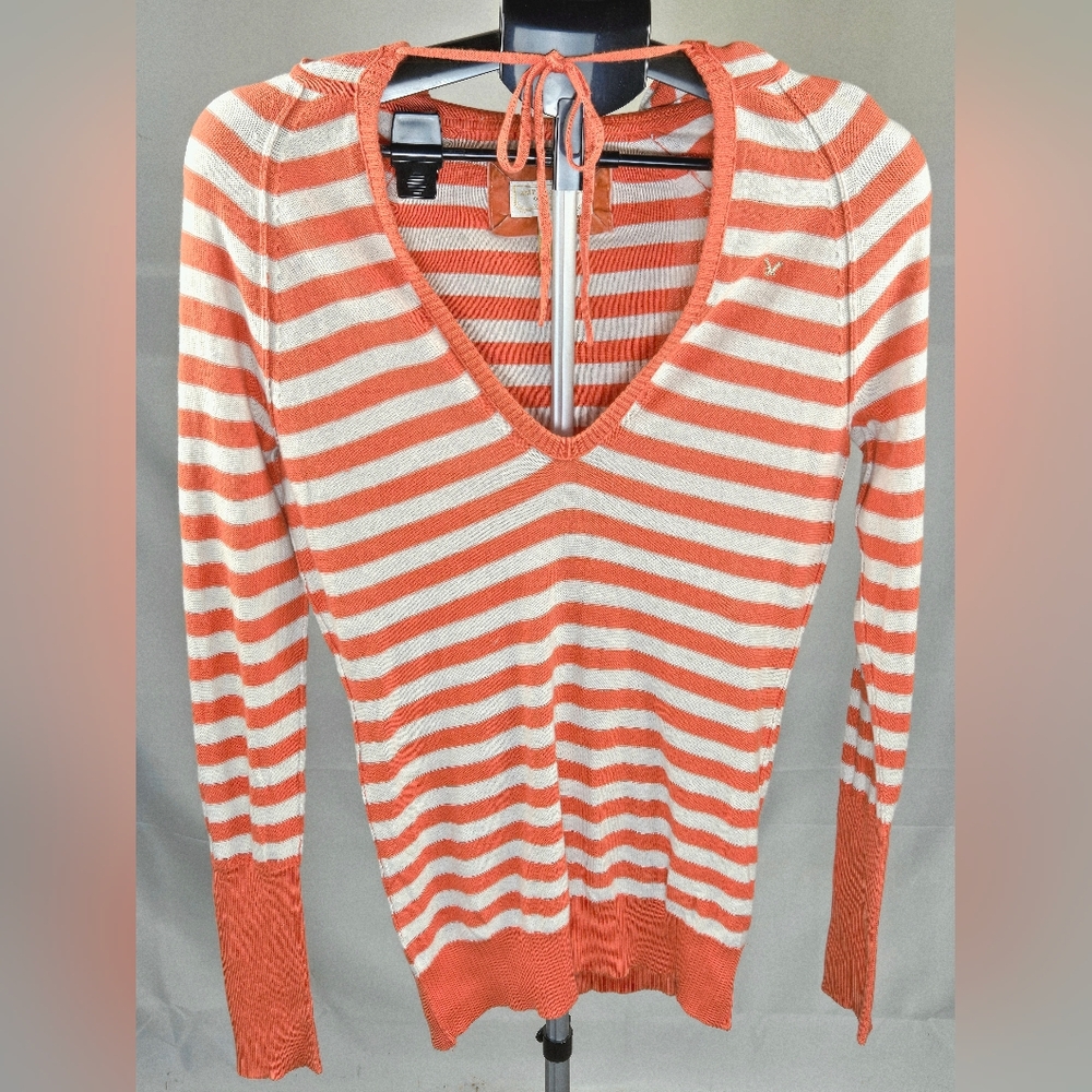 Vintage Y2K American Eagle Soft Grunge Alt Girl Striped Hooded Sweater, Medium‎